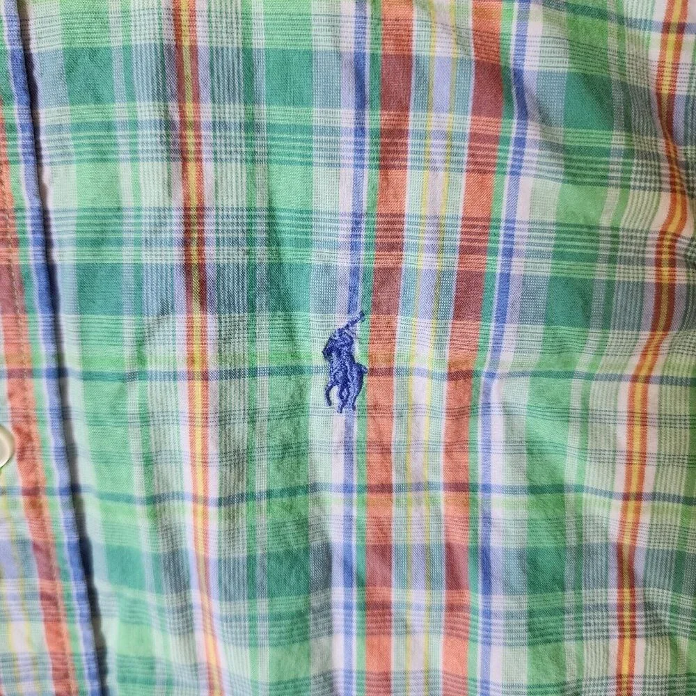 Ralph Lauren Green Plaid Short Sleeve‎ Button Down Pony Logo Shirt Youth Size 7